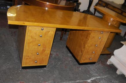 Art Deco Pedestal Desk Blonde Walnut Writing Table Knee Hole