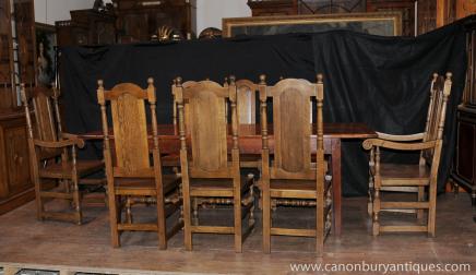 Farmhouse Dining Set Oak Refectory Table Willam and Mary Chairs 