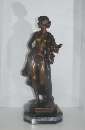 French Bronze Semi Nude Figurine Mandolin Player Signed 