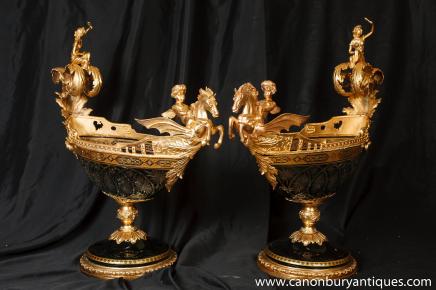 Important Pair Empire Glass Ormolu Plates Tureen Dish Cherub