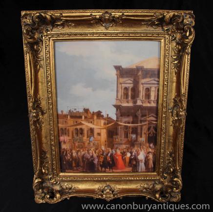 Italian Oil Painting Venice Town Square Venetian Art Gilt Frame