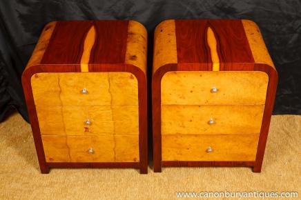 Pair Blonde Walnut Deco Nightstands Bedside Chests Commodes