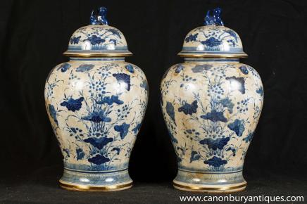Pair Chinese Nanking Porcelain Ginger Vases Pottery