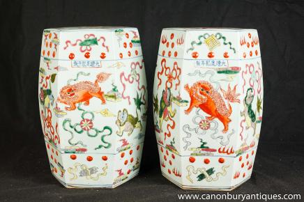 Pair Chinese Porcelain Garden Seats Chair Stool Doucai Kangxi
