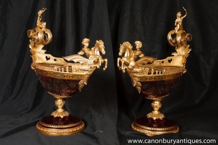 Pair Empire Cut Glass Tureens Dishes Boats Ormolu Cherubs
