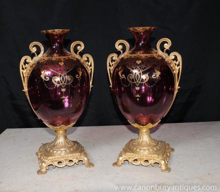 Pair Empire Glass Vases Urns French Ormolu Fixtures 