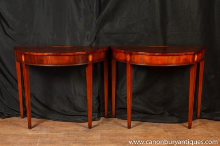 Pair Flame Mahogany Demi Lune Console Tables Regency Table
