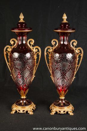 Pair French Empire Crystal Vases Ormolu Fixtures Louis XV 