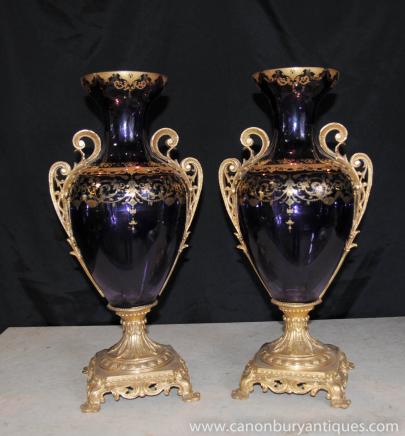 Pair Glass French Empire Vases Urns Hand Painted Gold Leaf Arabesques