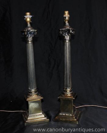 Pair Italian Ormolu Corinthian Column Table Lamps Lights