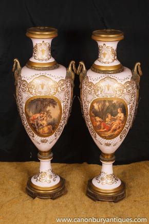 Pair Large Sevres Porcelain French Amphora Urns Vases