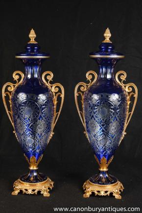 Pair Louis XV Crystal Glass Vases Ormolu Urns Amphora Vase
