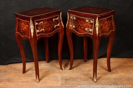 Pair Louis XV Inlay Commodes Bedside Chests Tables Bombe 