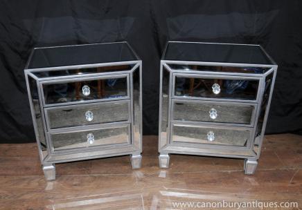 Pair Mirrored Bedside Chests Nightstands Chest Drawers Bedroom Furniture 