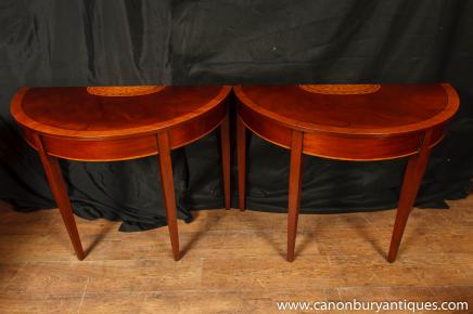 Pair Regency Mahogany Console Tables Demi Lune Table