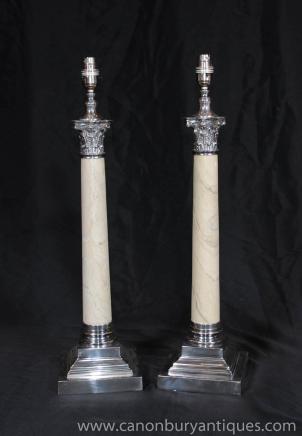 Pair Regency Table Lamps Corinthian Columns Silver Plate Porcelain Lights