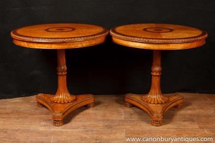 Pair Satinwood Regency Carved Side Tables Cocktail Table