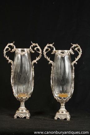 Pair Victorian Sheffield Silver Plate Glass Vases Urns