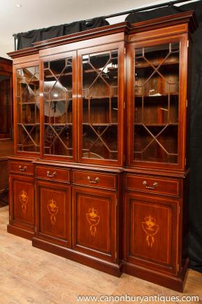 Regency Mahogany Breakfront Bookcase Sheraton Inlay Bookcases