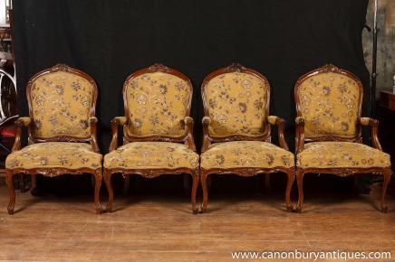 Set 4 Victorian Arm Chairs Woven Fabric Upholstery Arm Chairs Sofa Seat