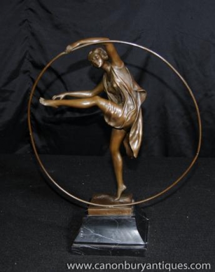 Art Deco Bronze Statue Hoop Dancer Girl Signed Godard French Figurine 