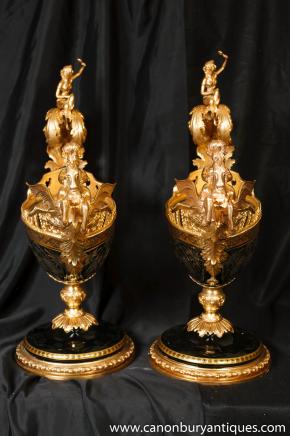 Important Pair Empire Glass Ormolu Plates Tureen Dish Cherub 