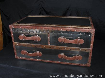 Industrial Chrome Chest Drawers Coffee Table Leather Handles Furniture 