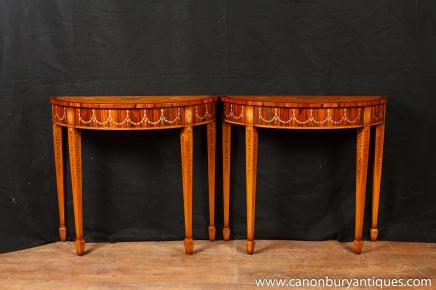 Pair Adams Regency Console Tables in Satinwood Painted Demi Lune 
