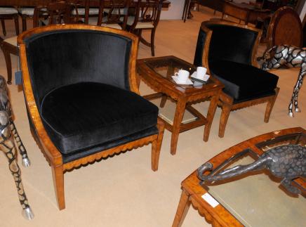 Pair Biedermeier Club Chairs Sofas Burr Walnut Deco Arm 
