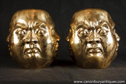 Pair Bronze Buddha Head Statues Buddhism Buddhist