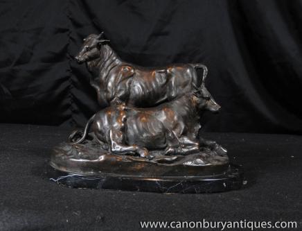 Pair Bronze Bulls Signed Fratin French Casting Statue Cow Animals