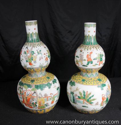 Pair Chinese Doucai Kangxi Porcelain Bulbous Vases Urns Floral Planters 