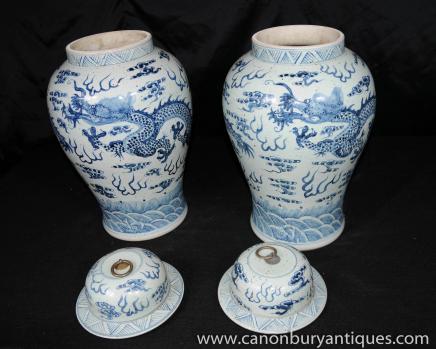 Pair Chinese Nanking Ginger Jars Dragon Vases Urns
