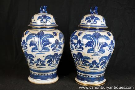 Pair Chinese Nanking Porcelain Ginger Jars Pottery Blue White 