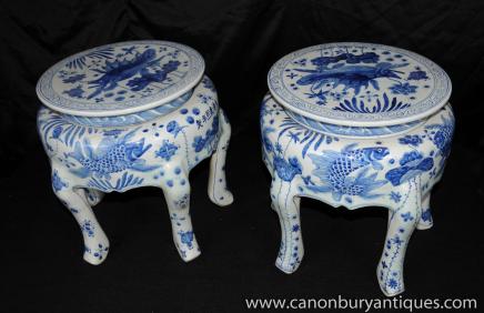 Pair Chinese Nanking Pottery Stools Blue White Porcelain