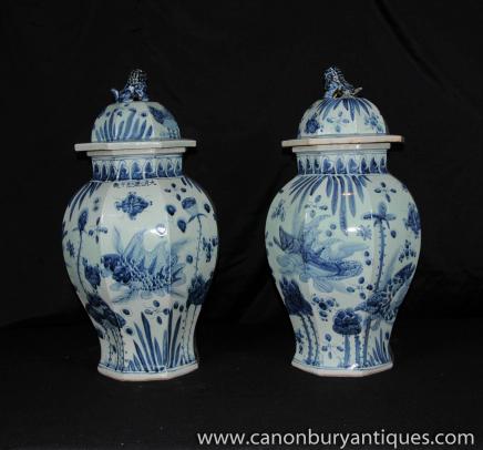 Pair Chinese Nanking Vases Pottery Porcelain Jars Urns China Delft 