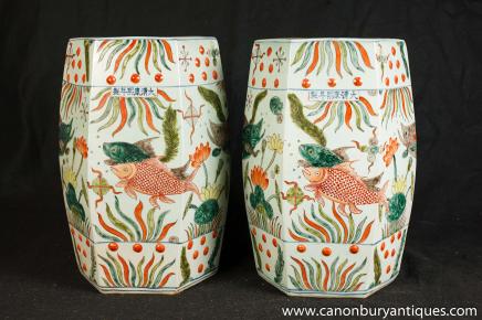 Pair Chinese Qianlong Porcelain Seats Stools Vases Pottery 