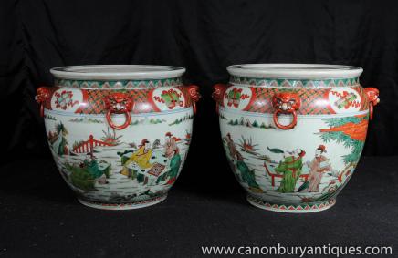 Pair Chinese Qianlong Pottery Planters Porcelain Urns 