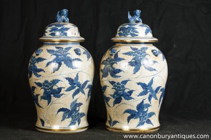 Pair Chinses Temple Jars Blue White Nanking Porcelain Ginger Vase 