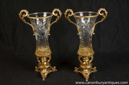 Pair Cut Glass Empire Sphinx Vases Urns Ormolu Fixtures 