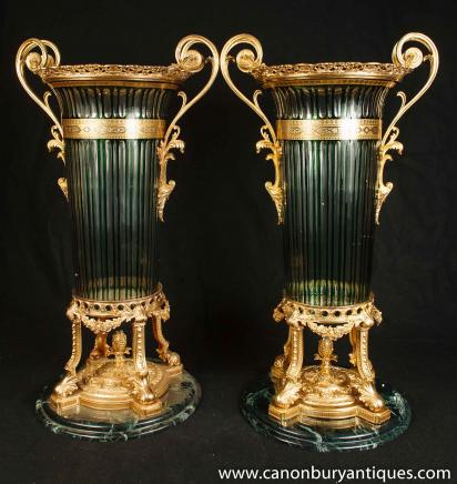 Pair Cut Glass Vases French Empire Ormolu Urns Classical Interiors 