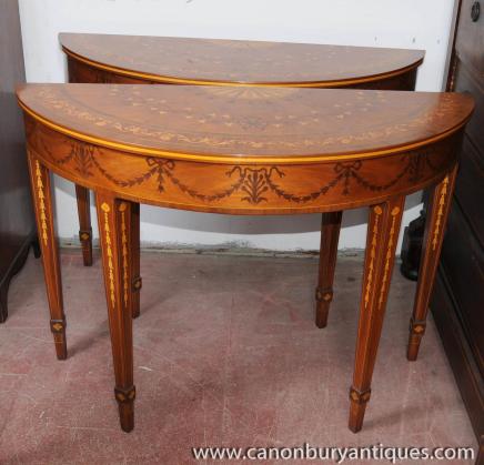 Pair English Adams Regency Console Tables Demi Lune Inlay 
