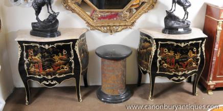 Pair French Black Lacquer Bombe Commodes Painted Chinoiserie Chests
