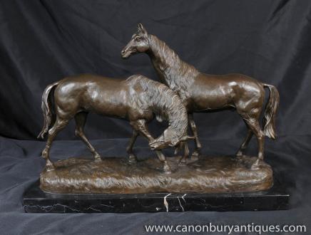 Pair French Bronze Horses Signed Carvin Equestrian Statue