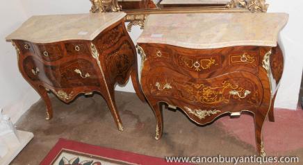 Pair French Empire Bombe Commodes Marquetry Inlay Chest Drawers 