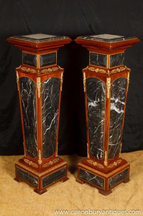 Pair French Empire Marble Pedestal Table Stands Columns 