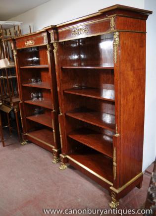 Pair French Empire Walnut Bookcases Open Openfront Bookcases 