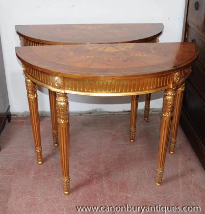 Pair French Neo Classical Gilt Console Tables Inlay Tops Empire 