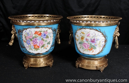 Pair German Dresden Porcelain Cache Pots Planters Urns 