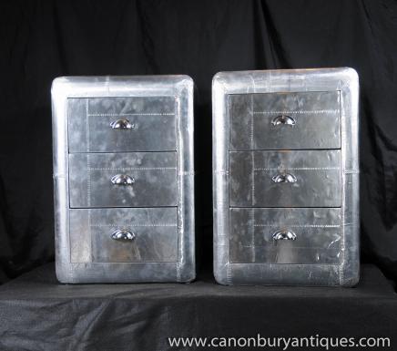 Pair Industrial Deco Nightstands Silver Bedside Chests Cabinets